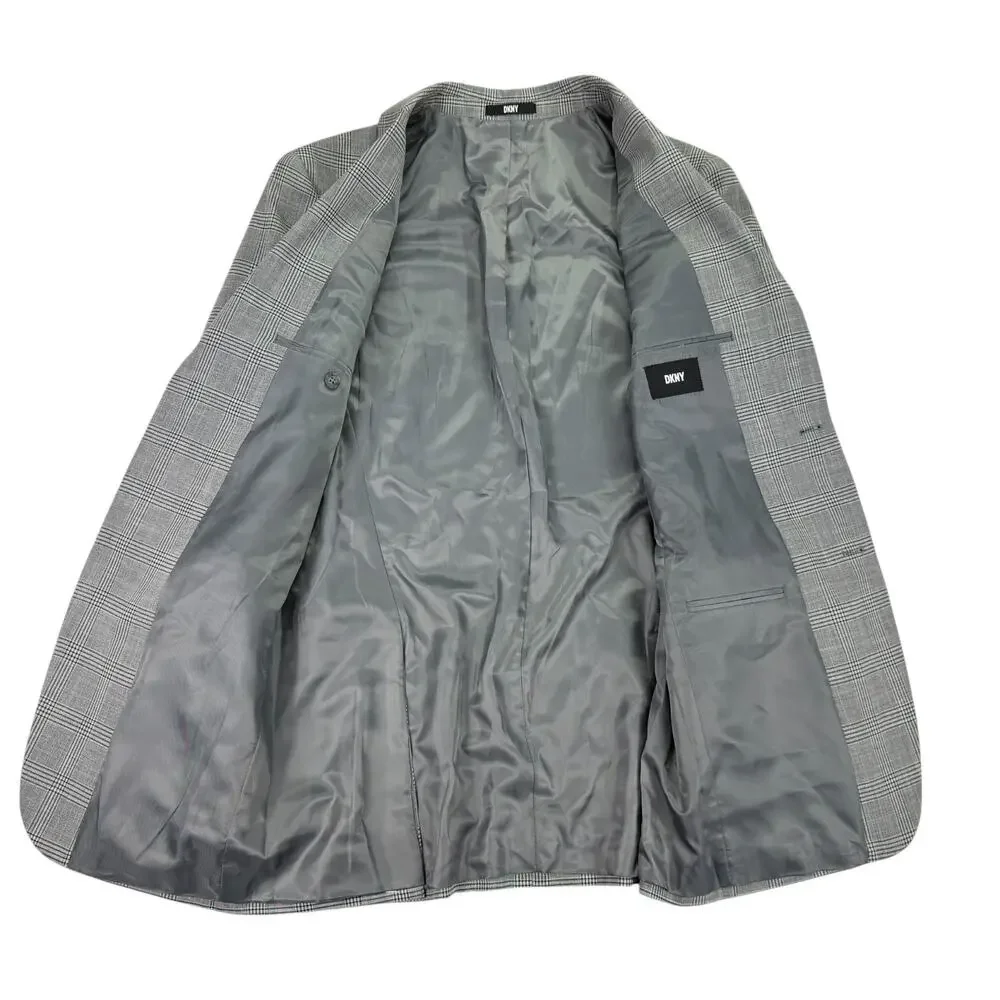 DKNY Mens Modern Fit Stretch Plaid Suit Jacket Black White 38L - Picture 2 of 5